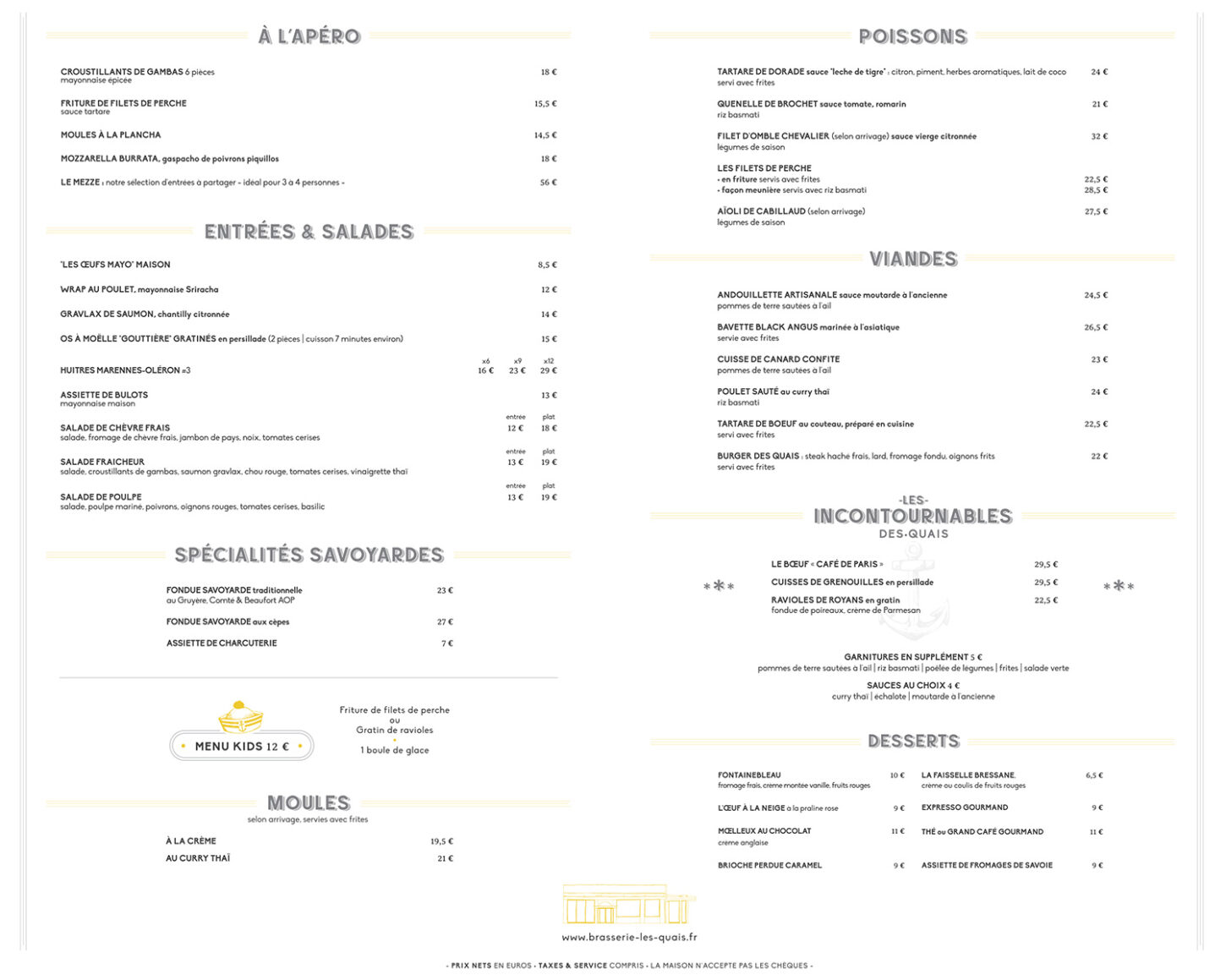 Carte Été 2026 de la Brasserie Les Quais