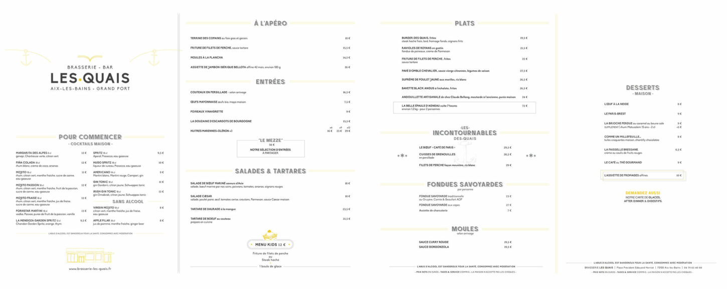 Carte du printemps été 2023 de la Brasserie Les Quais