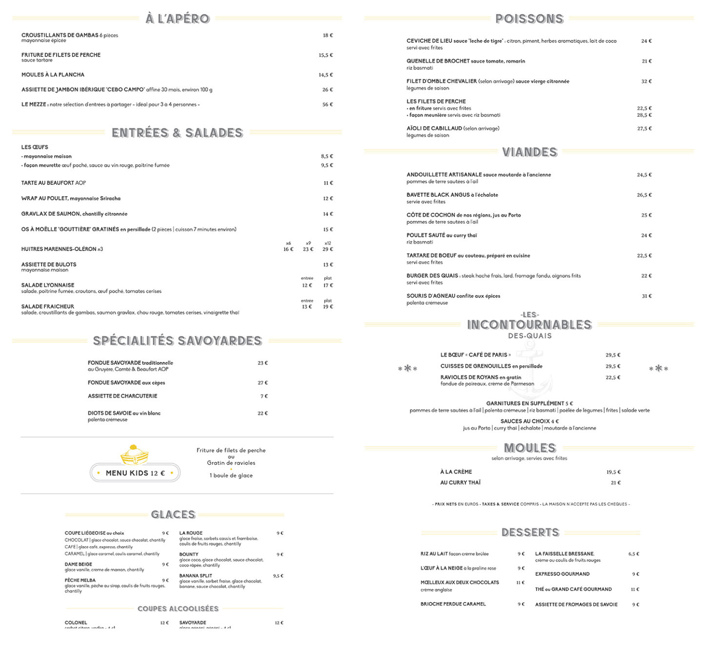 Carte Printemps 2026 de la Brasserie Les Quais